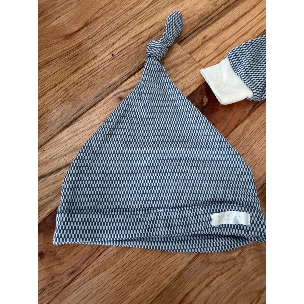 Tahari Baby 3pc Set Blue White Textured Henley Bodysuit Joggers Hat 0-3M RN16435